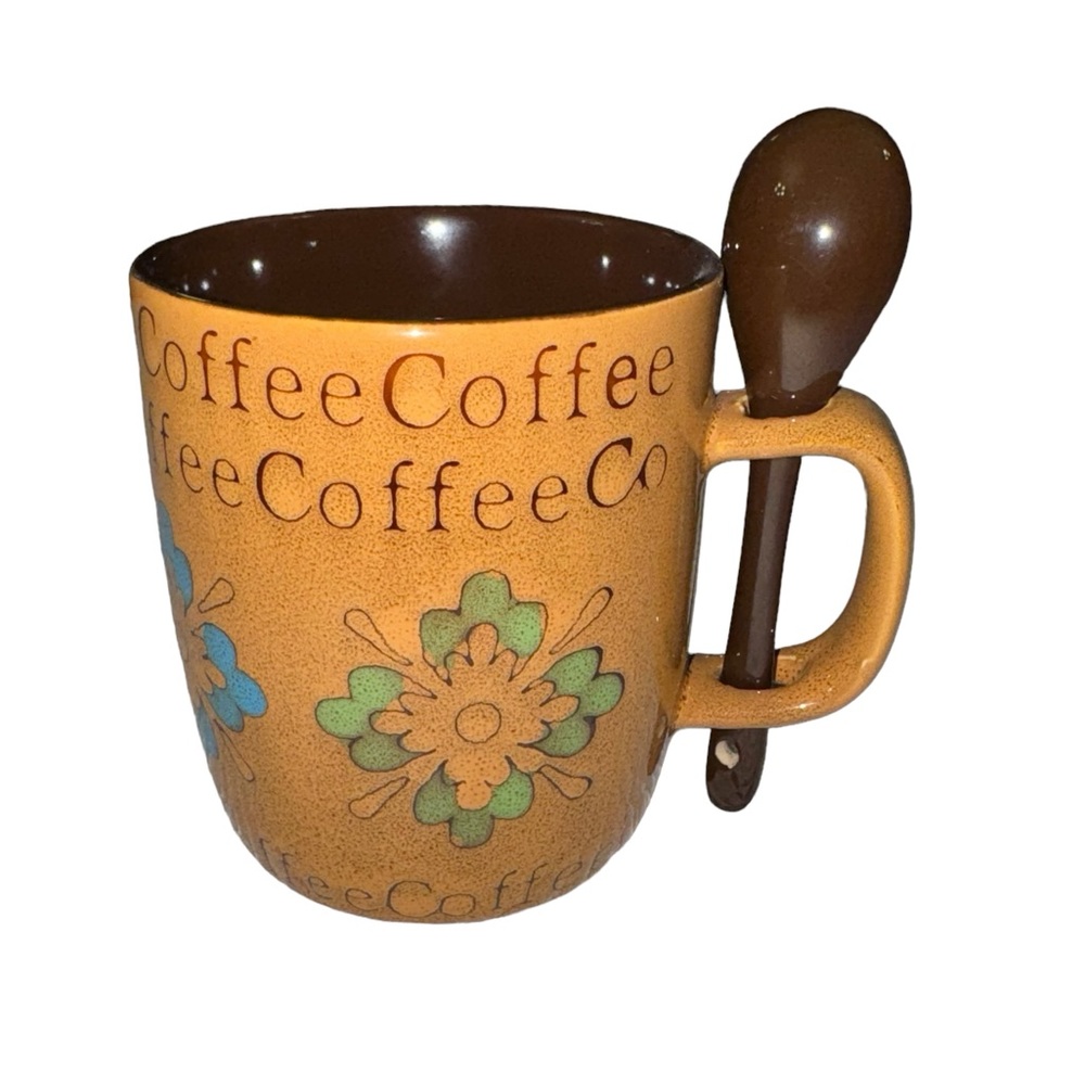 Mr. Coffee Brown Flower Mug with attached spoon